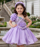 Girls Lavender One Shoulder Floral Short Frock | Party Wear Dress For Kids