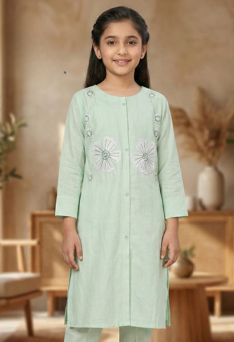 Mint Green Meadow Embroidered Salwar Suit | Kids Ethnic Outfit for Girls