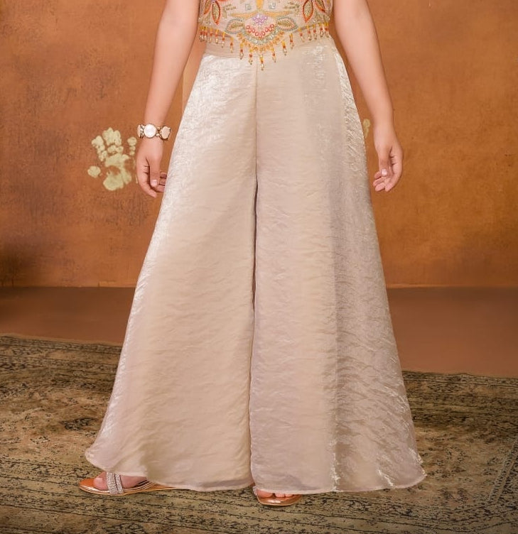 Cream Embroidered Crop Top with Flared Palazzo Set | Ethnic Outfit for Girls