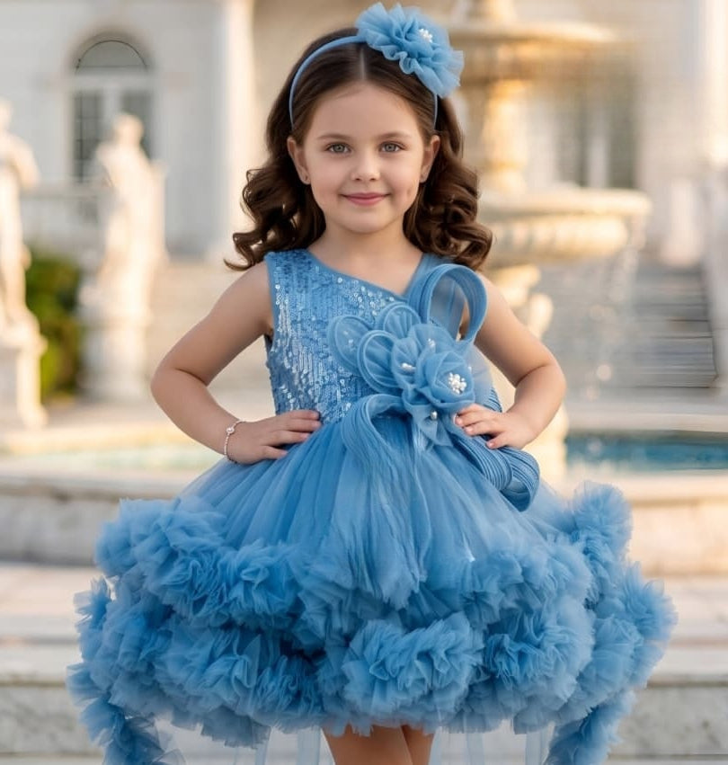 Girls Sky Blue High-Low Ruffle Party Short Frock | Party Wear Dress For Kids