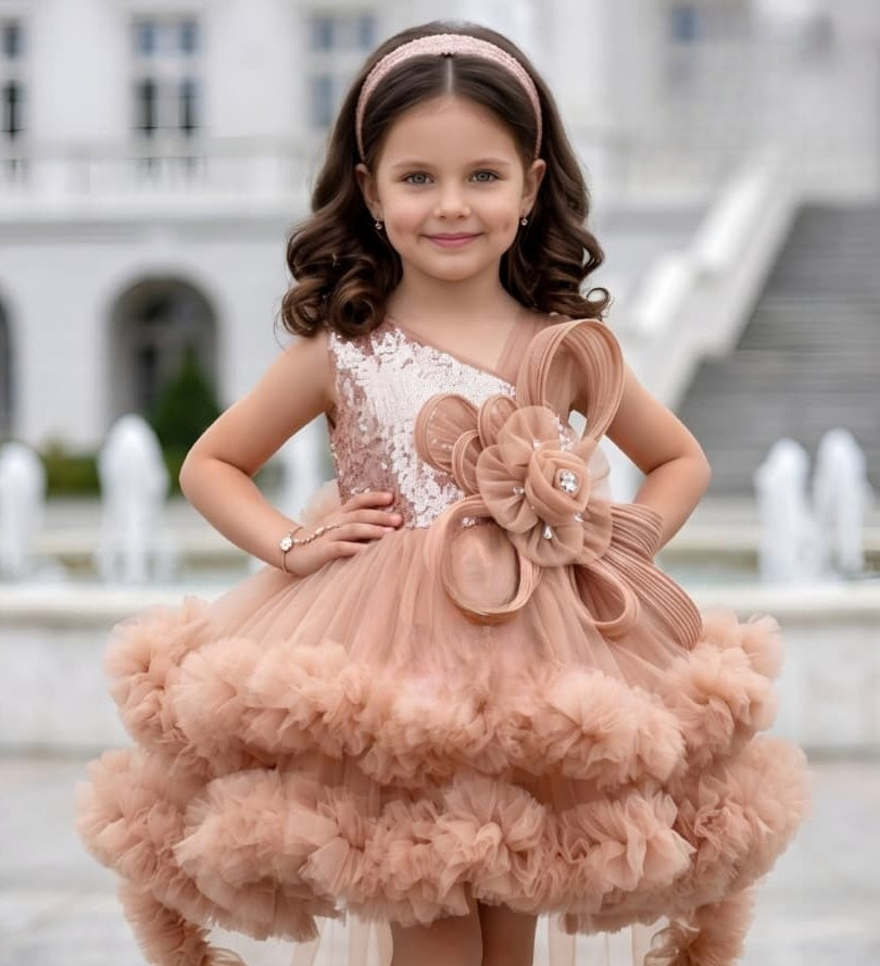 Girls Rose Brown High-Low Ruffle Party Short Frock | Party Wear Dress For Kids