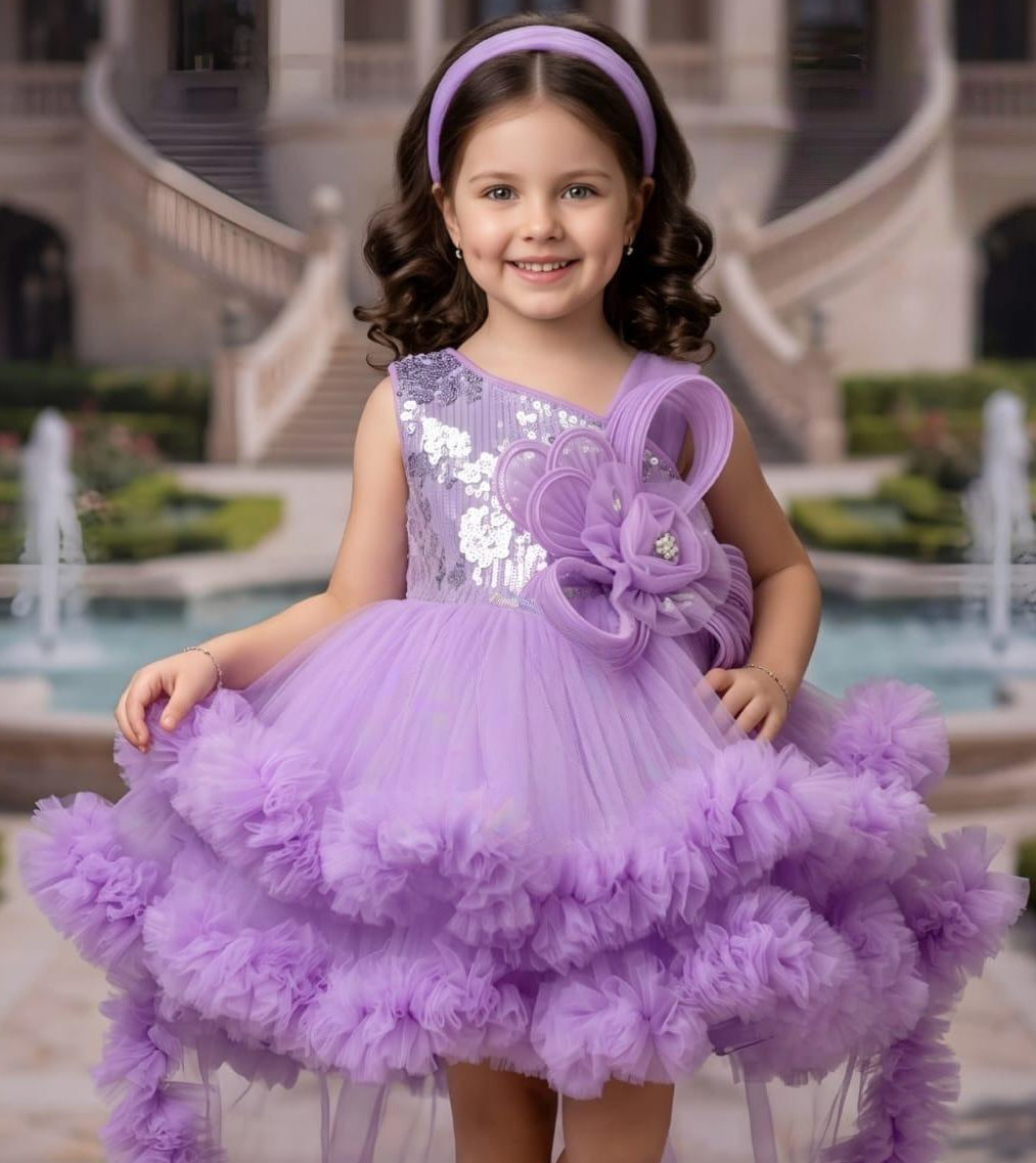 Lavender Sequin & Tulle Party Dress with Floral Detail | Party Wear Dress For Girls