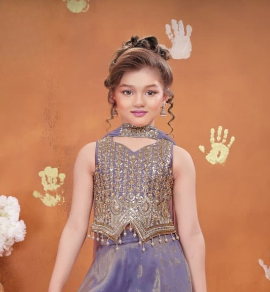 Lavender Embroidered Crop Top with Foil Print Flared Palazzo Set | Ethnic Outfit for Girls