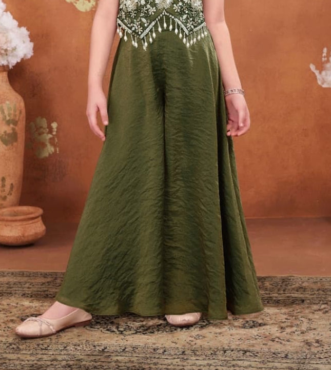 Mehendi Green Embroidered Crop Top with Flared Palazzo Set | Ethnic Outfit for Girls