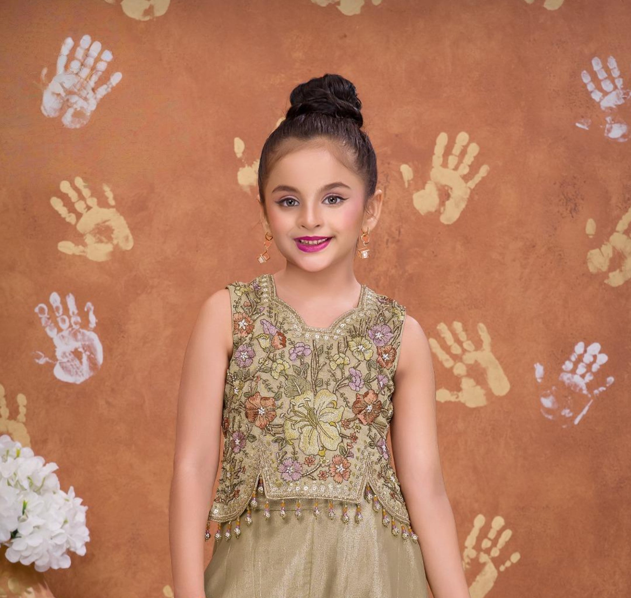 Golden Beige Floral Embroidered Peplum with Palazzo & Dupatta Set |  Ethnic Wear For Girls