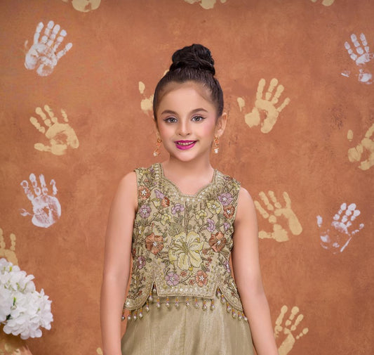 Golden Beige Floral Embroidered Peplum with Palazzo & Dupatta Set |  Ethnic Wear For Girls