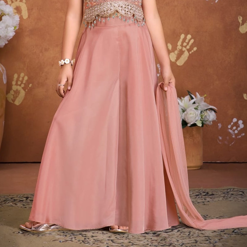 Pink Embroidered Crop Top with Flared Palazzo & Dupatta Set | Ethnic Outfit for Girls