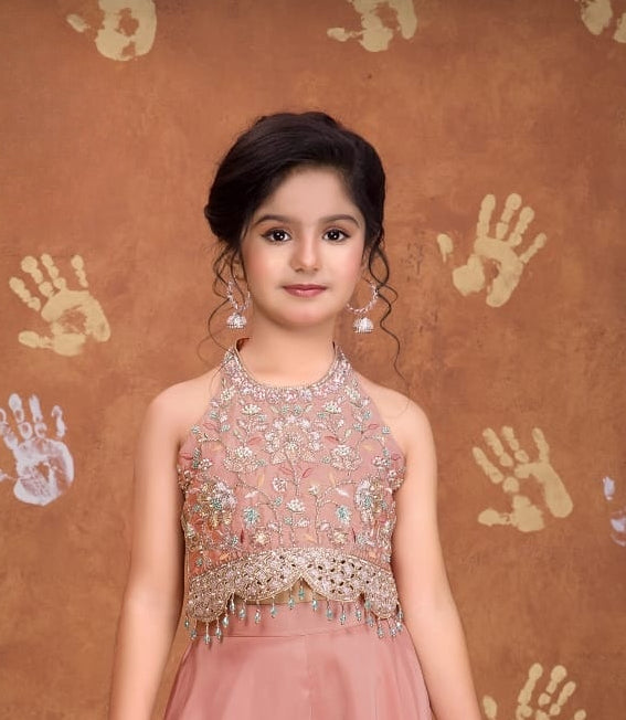 Pink Embroidered Crop Top with Flared Palazzo & Dupatta Set | Ethnic Outfit for Girls
