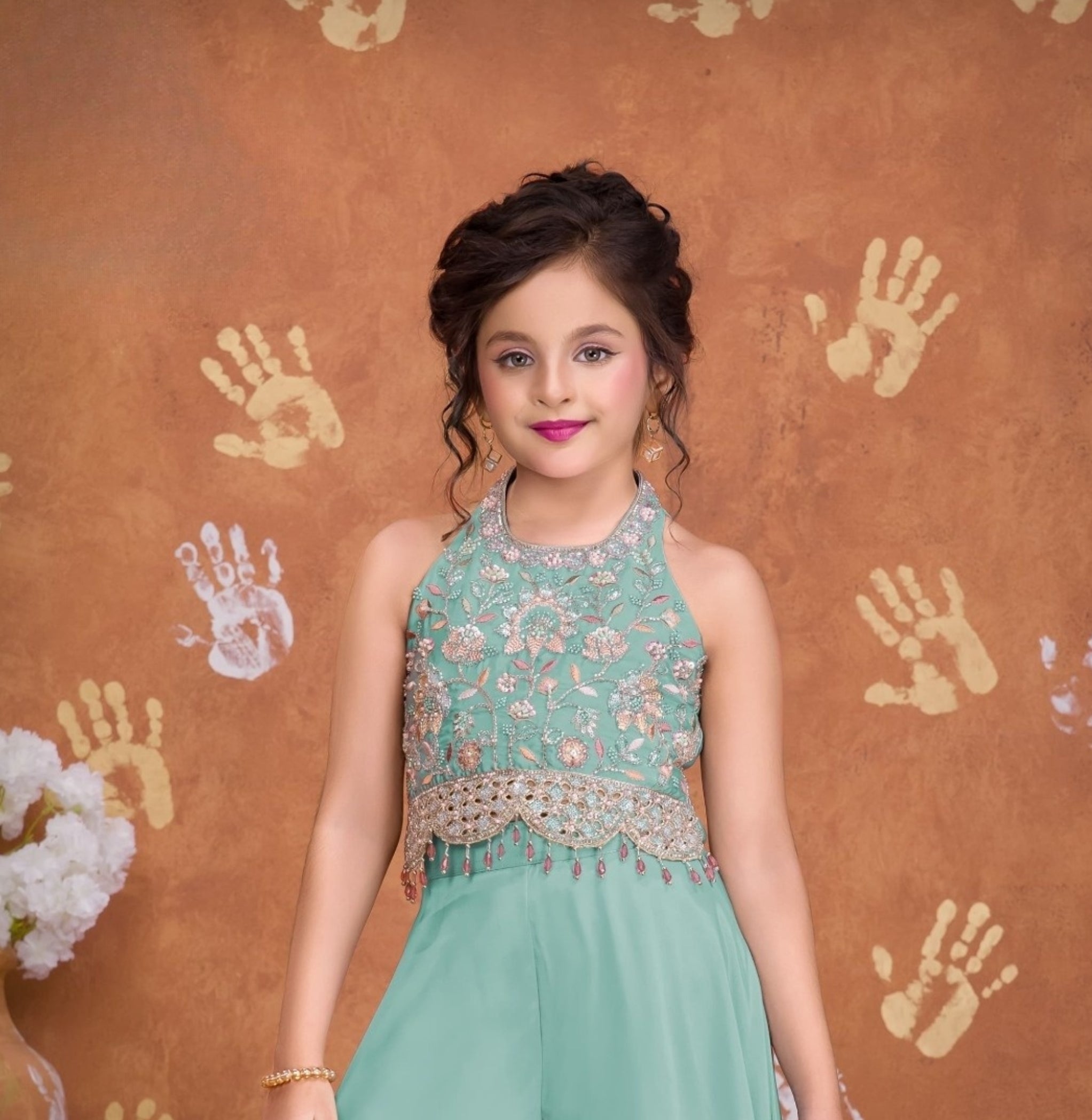 Sea Green Embroidered Crop Top with Flared Palazzo & Dupatta Set | Ethnic Outfit for Girls