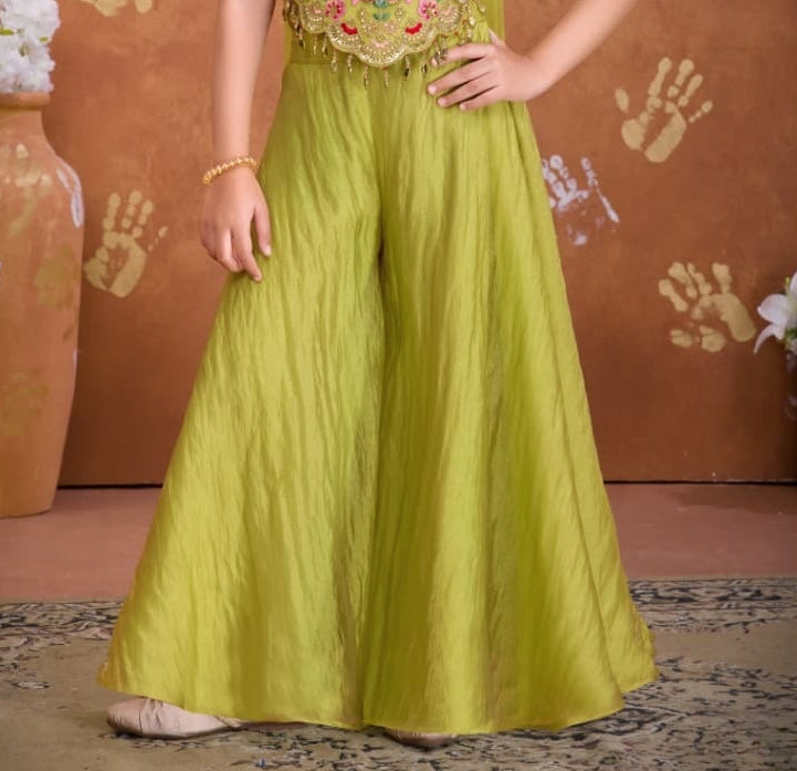 Mehendi Yellow Embroidered Crop Top with Palazzo & Dupatta Set | Ethnic Outfit for Girls