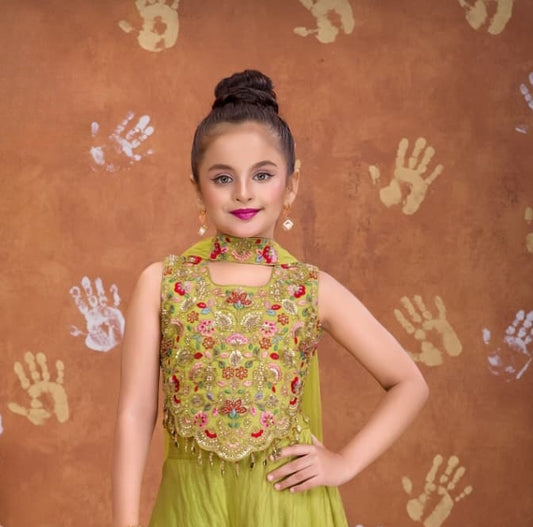 Mehendi Yellow Embroidered Crop Top with Palazzo & Dupatta Set | Ethnic Outfit for Girls