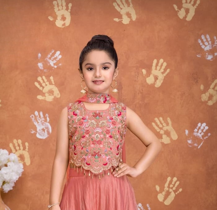Peach Embroidered Crop Top with Palazzo & Dupatta Set | Ethnic Outfit for Girls