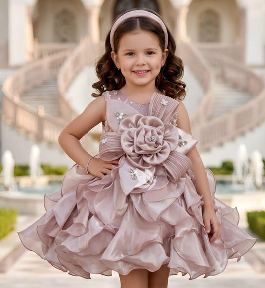 Peach Pink Ruffled Party Dress with 3D Floral Waist Detail | Party Wear For Kids