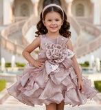 Peach Pink Ruffled Party Dress with 3D Floral Waist Detail | Party Wear For Kids