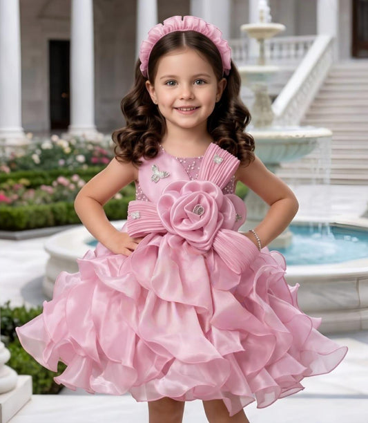 Blush Pink Ruffled Party Dress with Floral Waist Detail |  Party Wear Dress For Girls