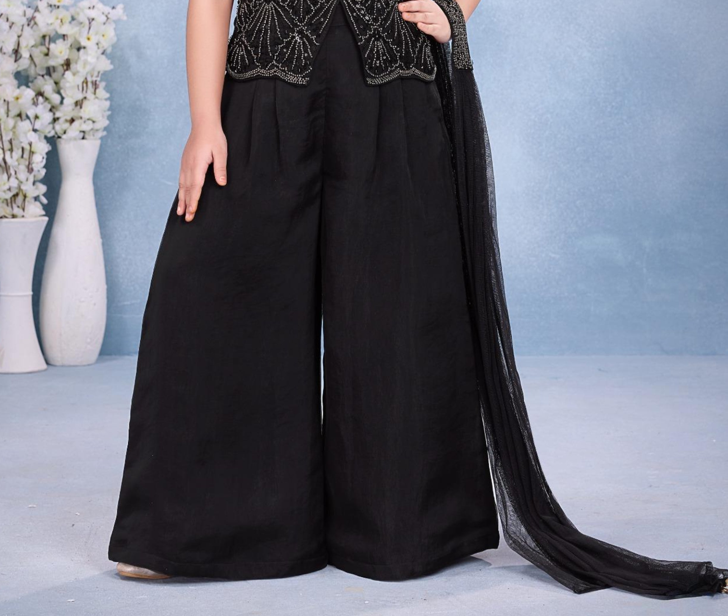 Black Embellished Halter Peplum Top with Wide-Leg Palazzo & Dupatta Set | Ethnic Wear For Girls
