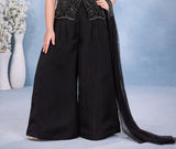 Black Embellished Halter Peplum Top with Wide-Leg Palazzo & Dupatta Set | Ethnic Wear For Girls