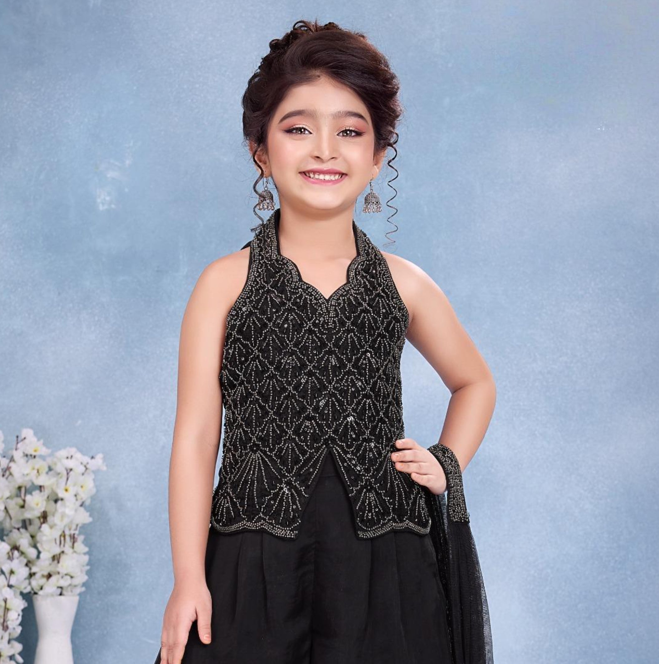 Black Embellished Halter Peplum Top with Wide-Leg Palazzo & Dupatta Set | Ethnic Wear For Girls