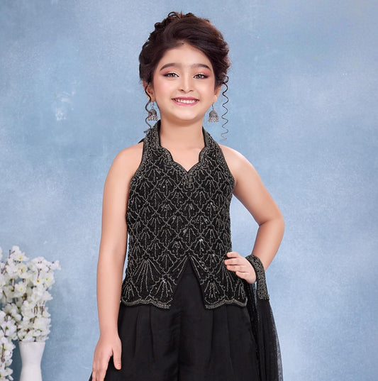 Black Embellished Halter Peplum Top with Wide-Leg Palazzo & Dupatta Set | Ethnic Wear For Girls
