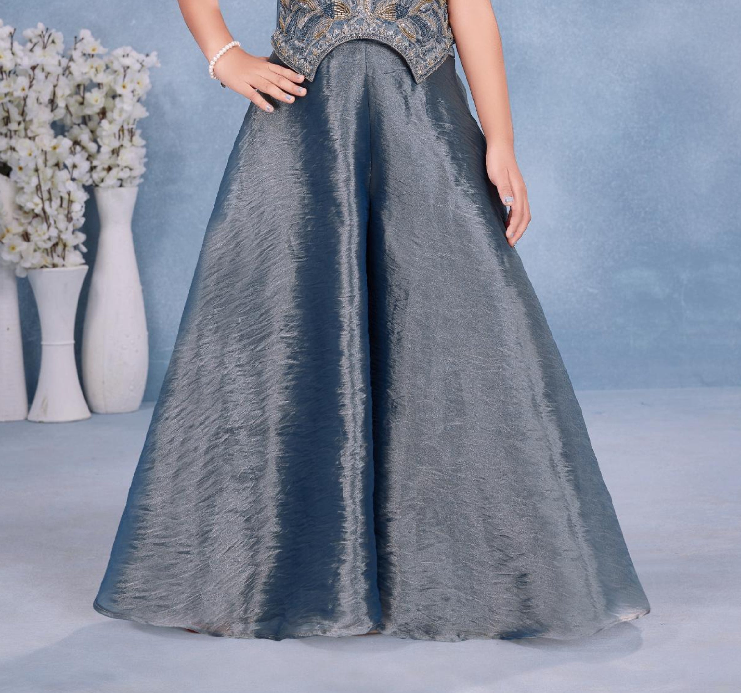 Steel Blue Embroidered Peplum Top & Flared Palazzo Set with Dupatta | Ethnic Wear For Girls