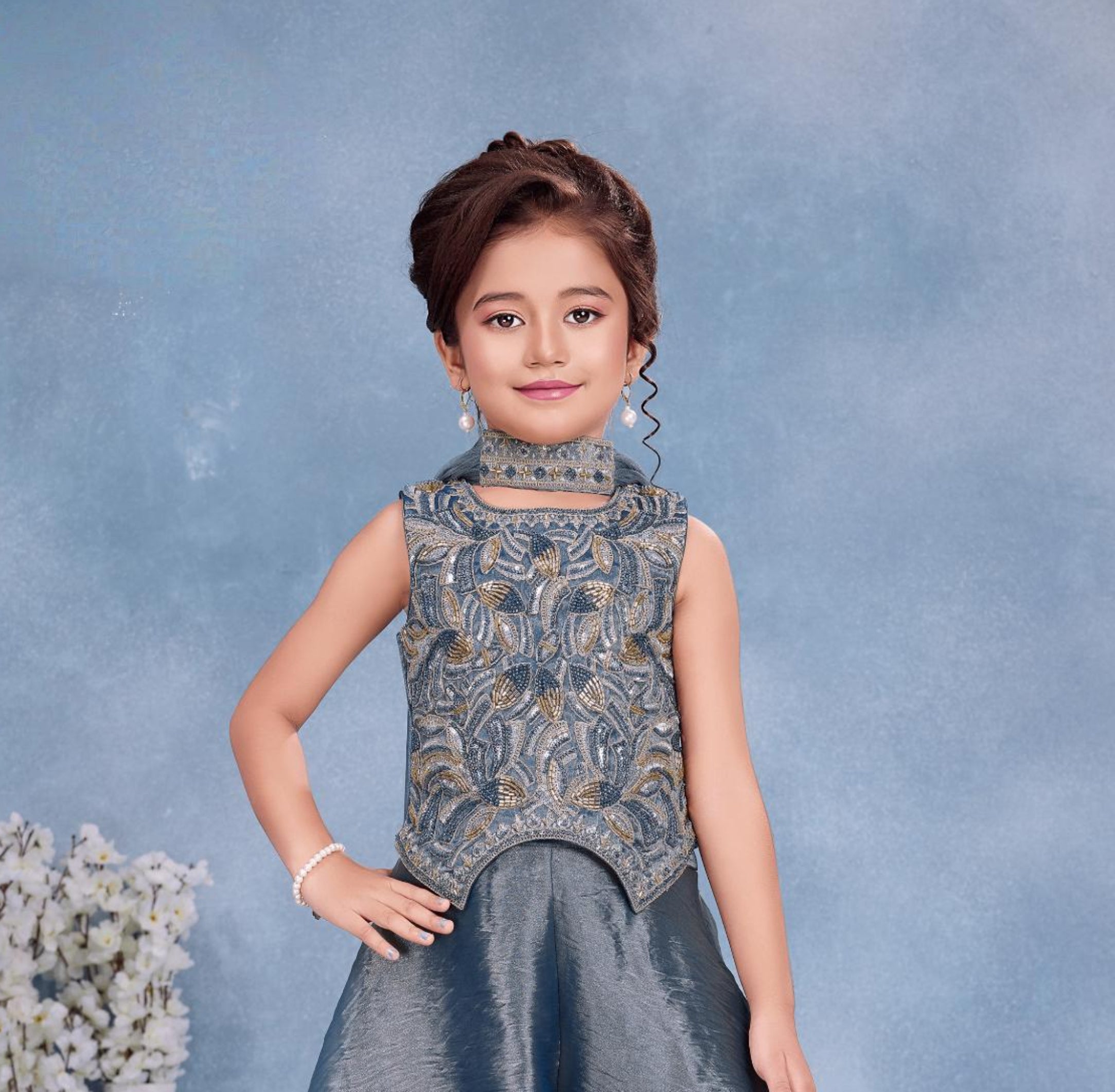 Steel Blue Embroidered Peplum Top & Flared Palazzo Set with Dupatta | Ethnic Wear For Girls