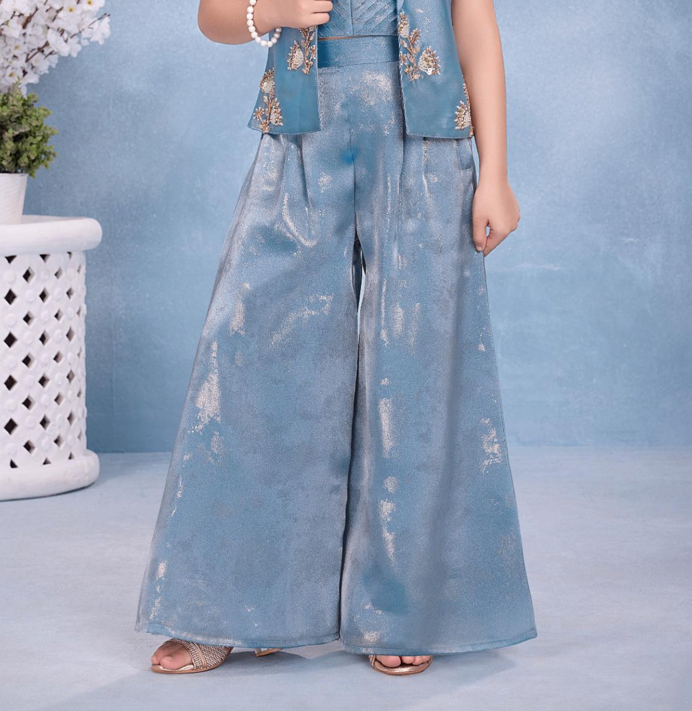 Ice Blue Embroidered Waistcoat & Wide-Leg Palazzo Set with Top | Ethnic Wear For Girls