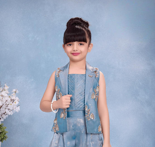 Ice Blue Embroidered Waistcoat & Wide-Leg Palazzo Set with Top | Ethnic Wear For Girls