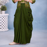 Olive Green Embroidered Jacket & Draped Palazzo Set with Crop Top | Ethnic Wear For Girls