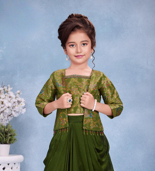Olive Green Embroidered Jacket & Draped Palazzo Set with Crop Top | Ethnic Wear For Girls