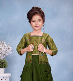 Olive Green Embroidered Jacket & Draped Palazzo Set with Crop Top | Ethnic Wear For Girls