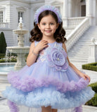 Ferozi Blue & Lavender Floral High-Low Short Frock | Party Wear Dress For Girls