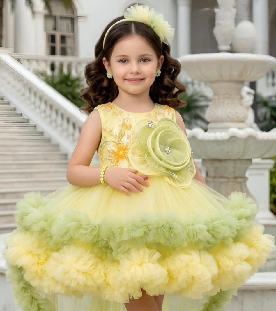 Lemon Yellow & Green Floral High-Low Shor Frock | Party Wear Dress For Girls