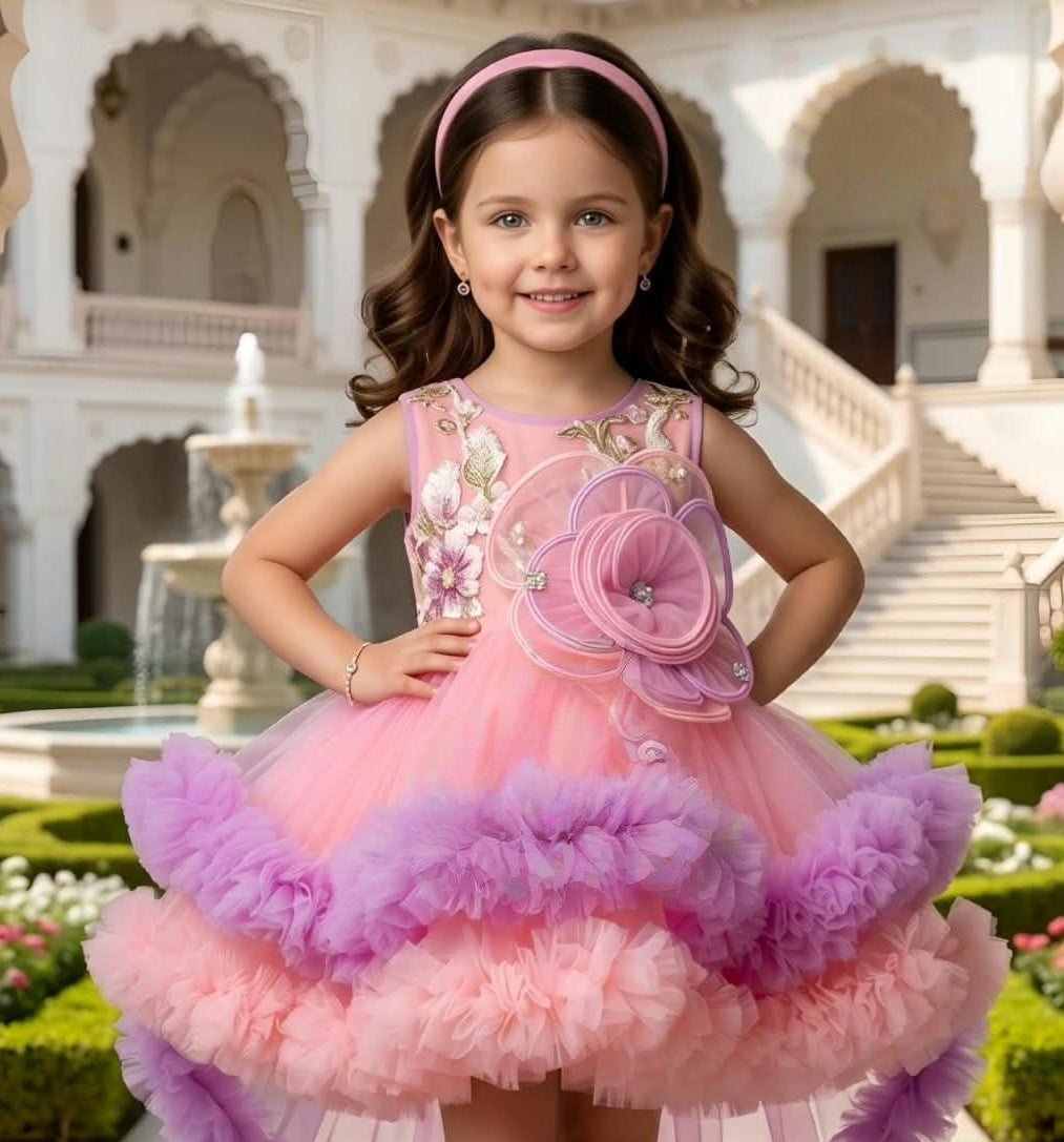 Peach Pink Floral High-Low Short Frock | Party Wear For Girls