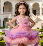 Peach Pink Floral High-Low Short Frock | Party Wear For Girls