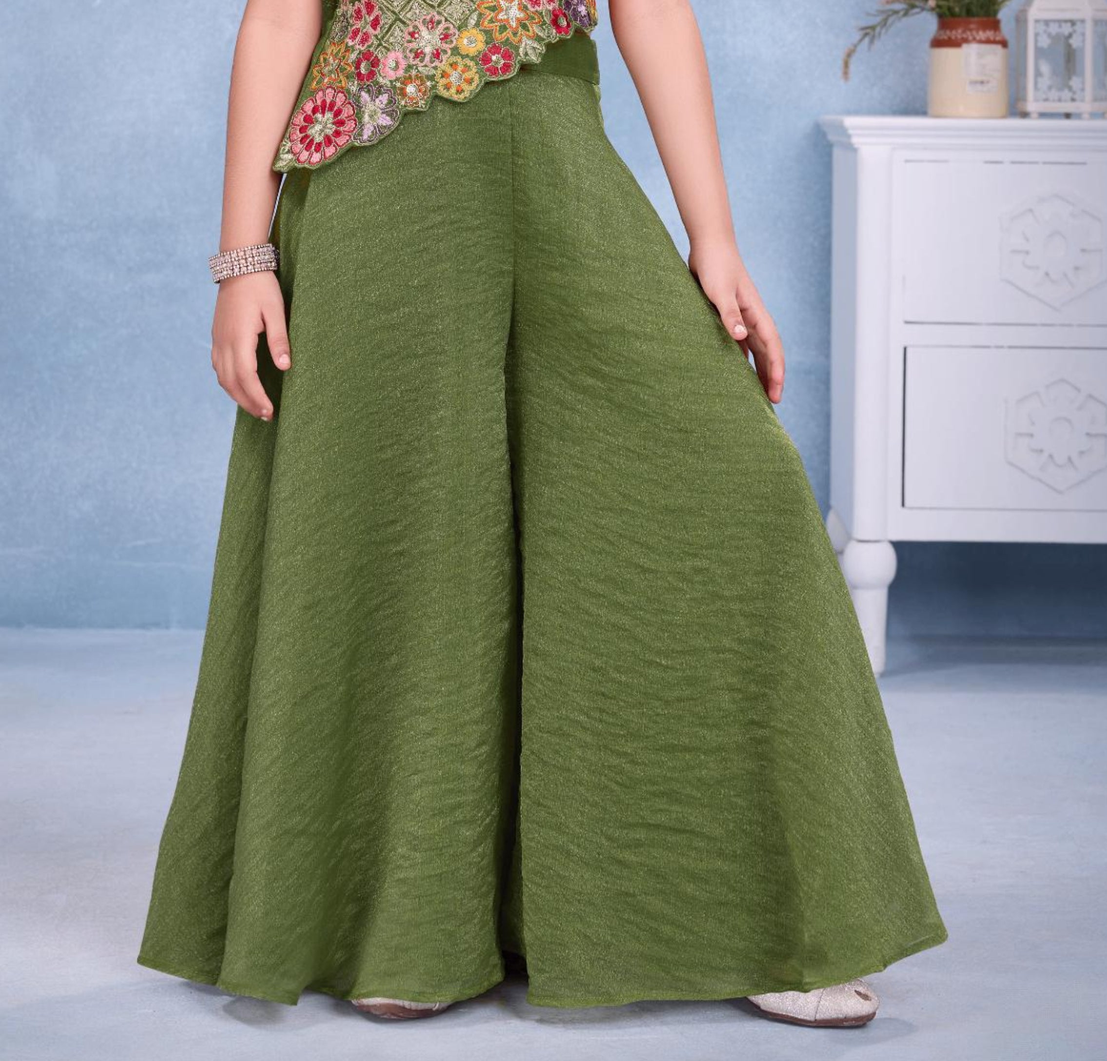 Olive Green Embroidered Asymmetric Top & Wide-Leg Palazzo Set with Dupatta | Ethnic Wear For Girls