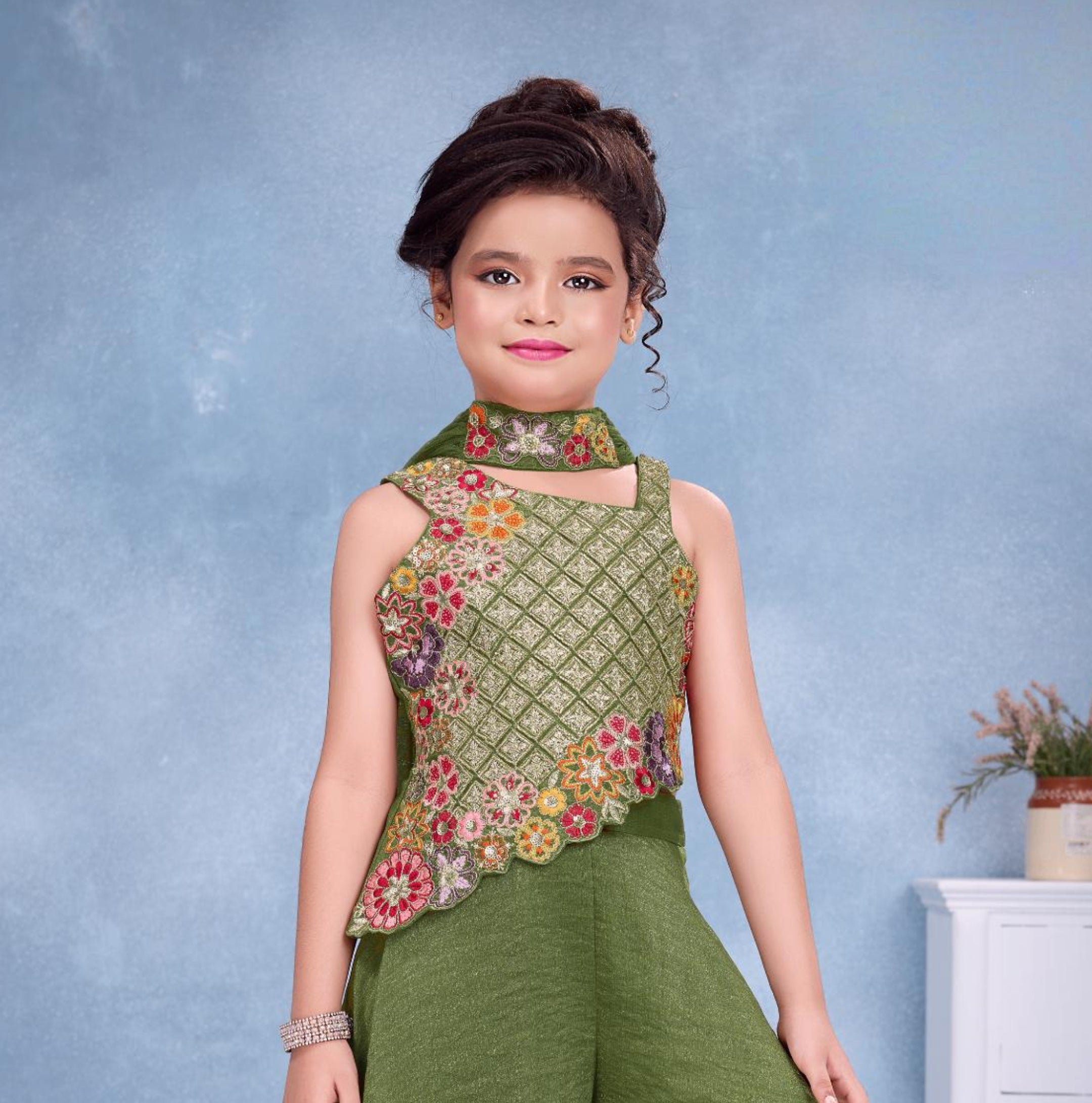 Olive Green Embroidered Asymmetric Top & Wide-Leg Palazzo Set with Dupatta | Ethnic Wear For Girls