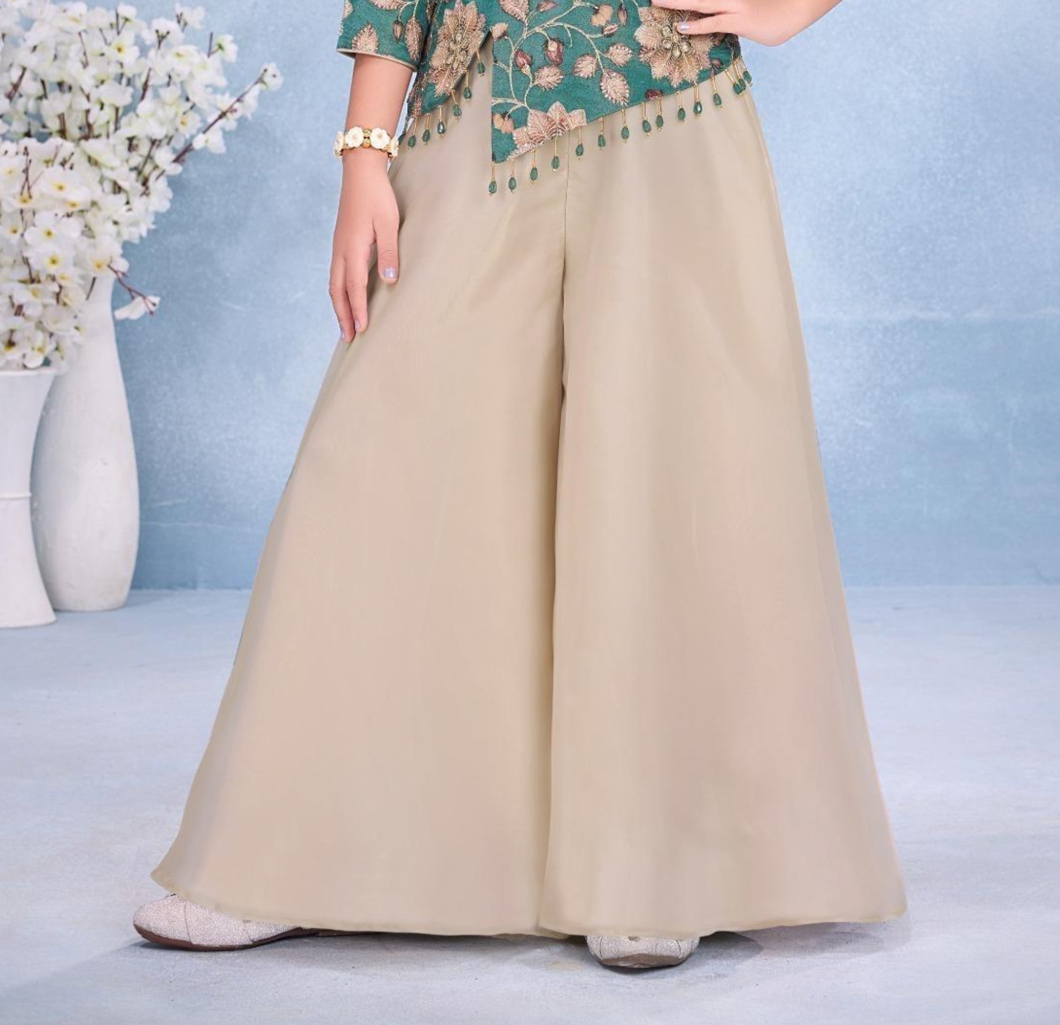 Teal Floral Embroidered Peplum Top with Beige Wide-Leg Palazzo Set | Ethnic Wear For Girls