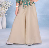 Teal Floral Embroidered Peplum Top with Beige Wide-Leg Palazzo Set | Ethnic Wear For Girls