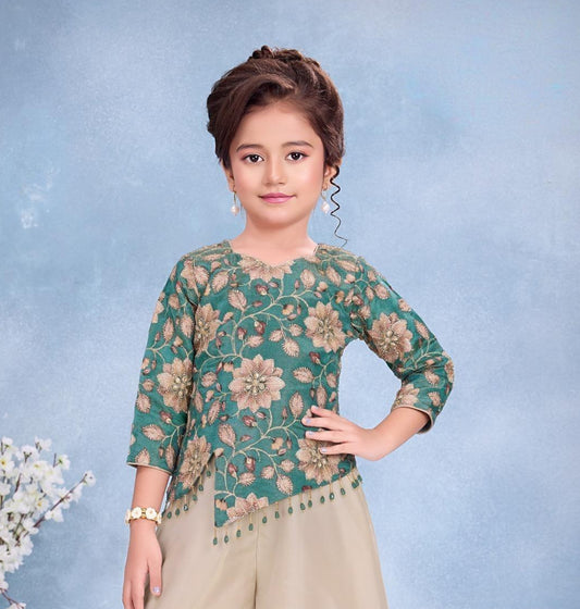 Teal Floral Embroidered Peplum Top with Beige Wide-Leg Palazzo Set | Ethnic Wear For Girls