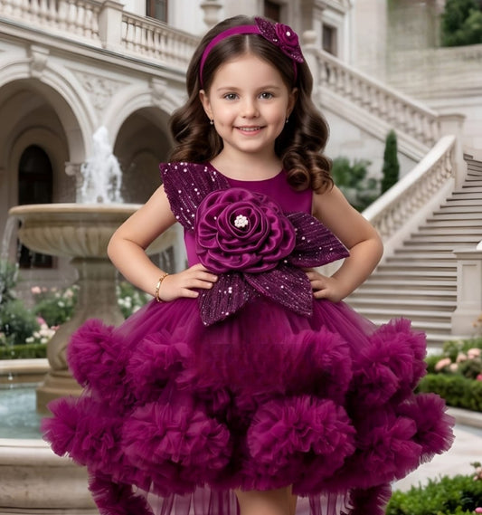 Girls Wine Magenta High-Low Ruffle Party Short Frock | Party Wear Dress For Girls