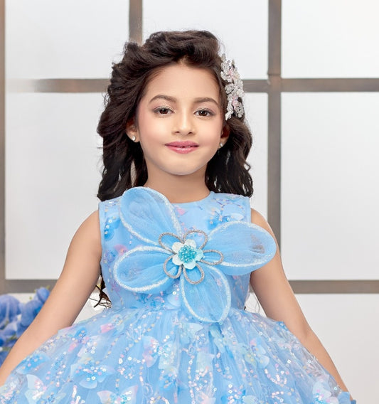 Powder Blue Floral Party Short Frock