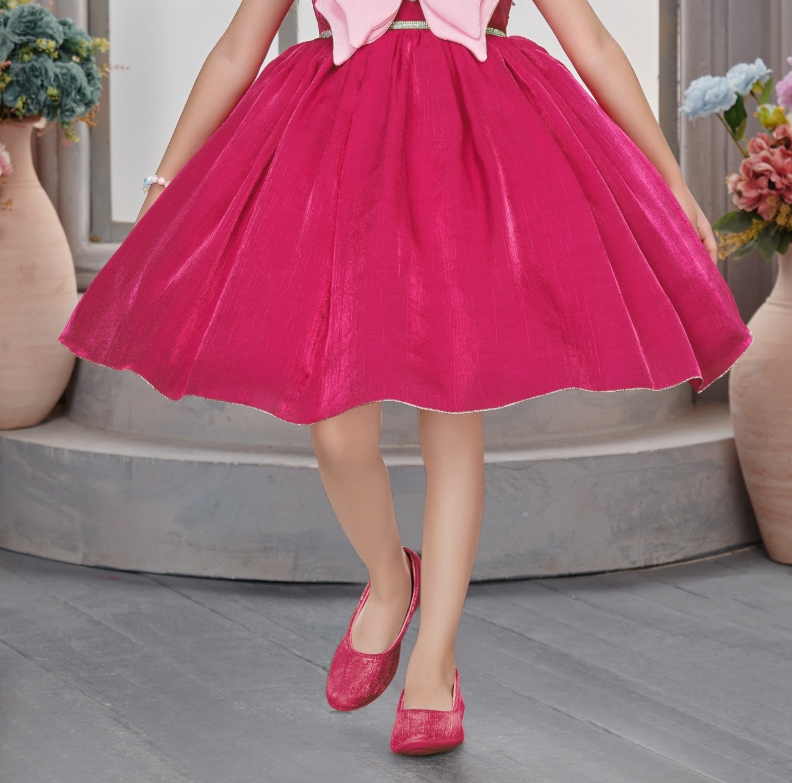 Rani Pink Butterfly Bow Party Short Frock | Party Wear Kids Dress for Girls