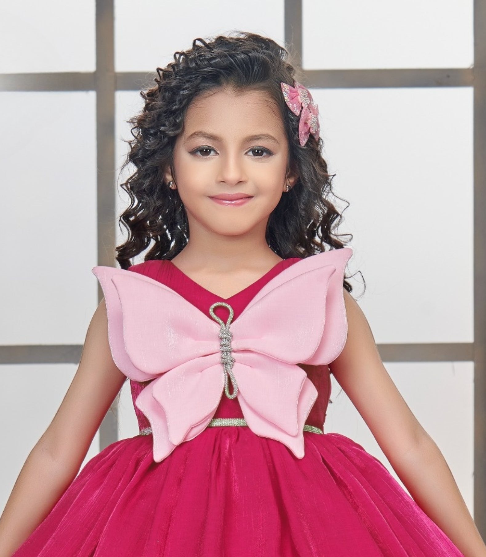 Rani Pink Butterfly Bow Party Short Frock | Party Wear Kids Dress for Girls