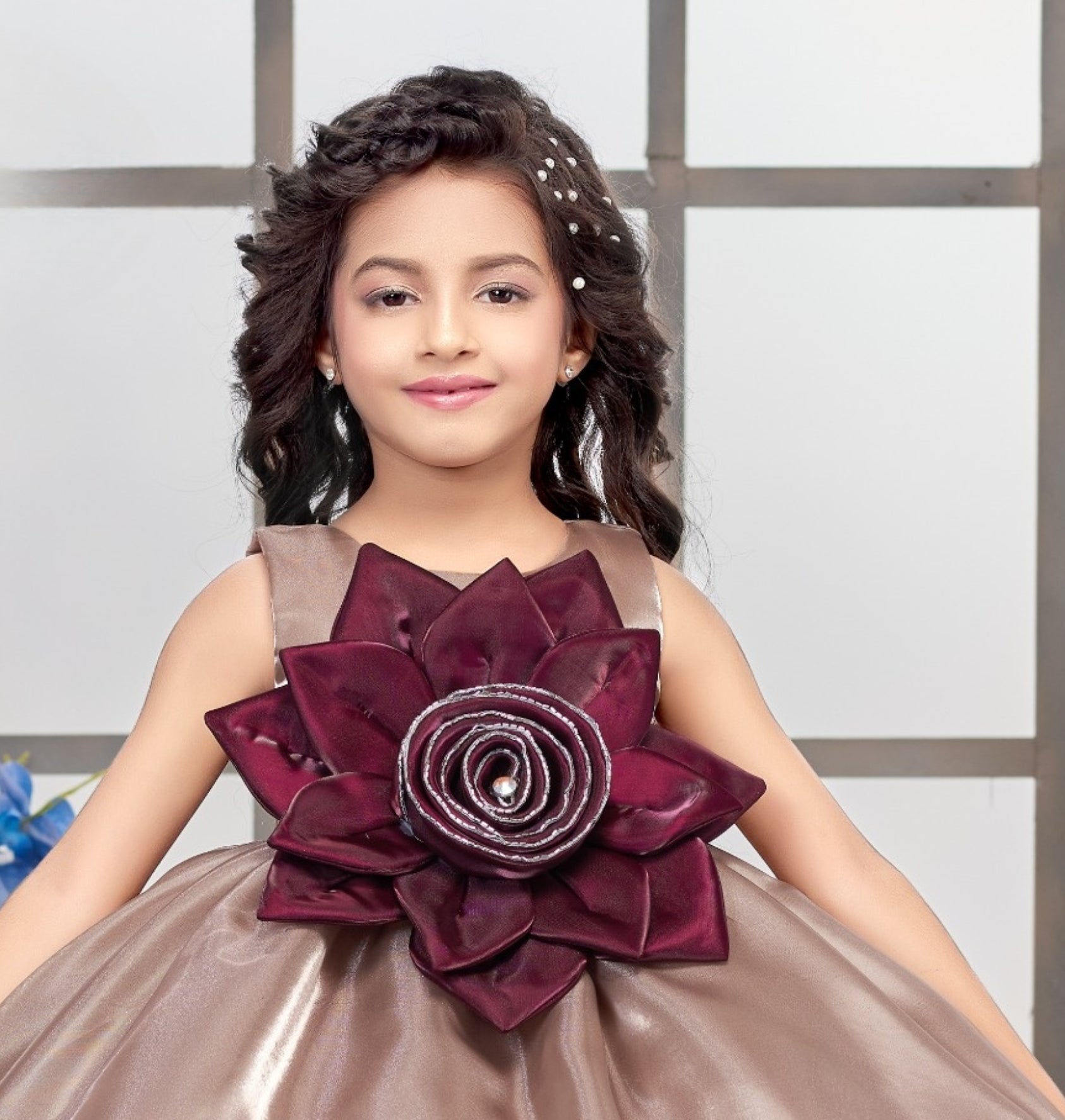 Chikoo Beige Rosette Party Short Frock | Party Wear Kids Dress for Girls
