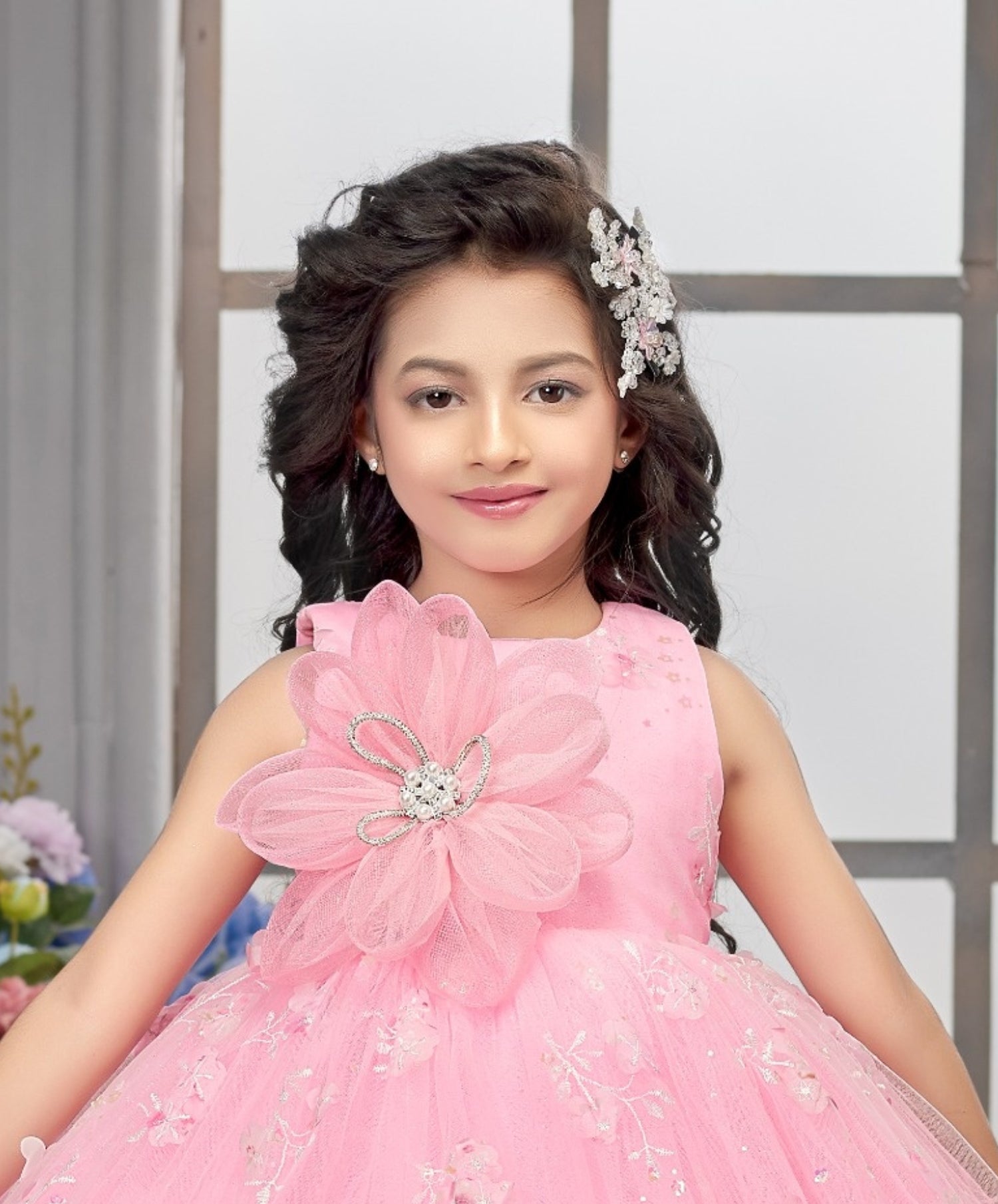 Blush Pink Floral Party Short Frock | Party Wear Kids Dress for Girls