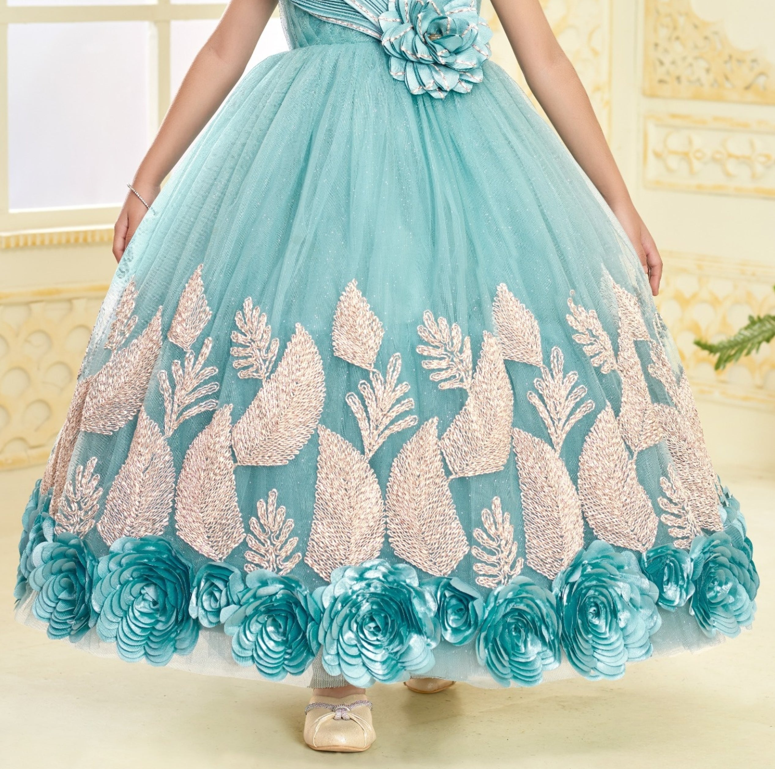 Sea Blue Rosette Party Long Gown | Party Wear Kids Dress for Girls