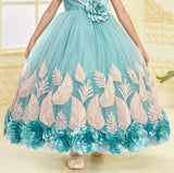 Sea Blue Rosette Party Long Gown | Party Wear Kids Dress for Girls
