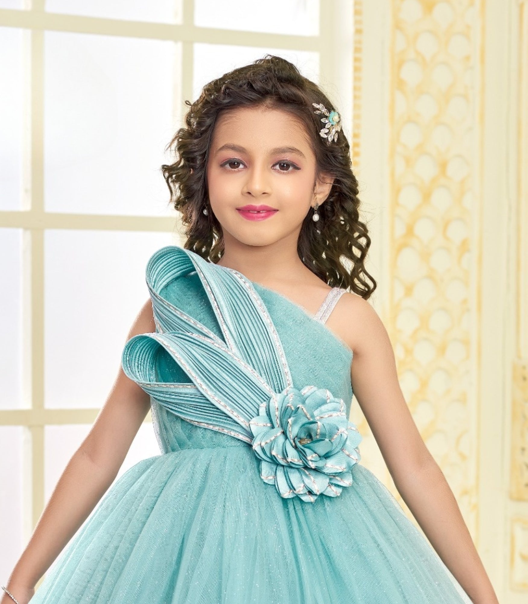 Sea Blue Rosette Party Long Gown | Party Wear Kids Dress for Girls